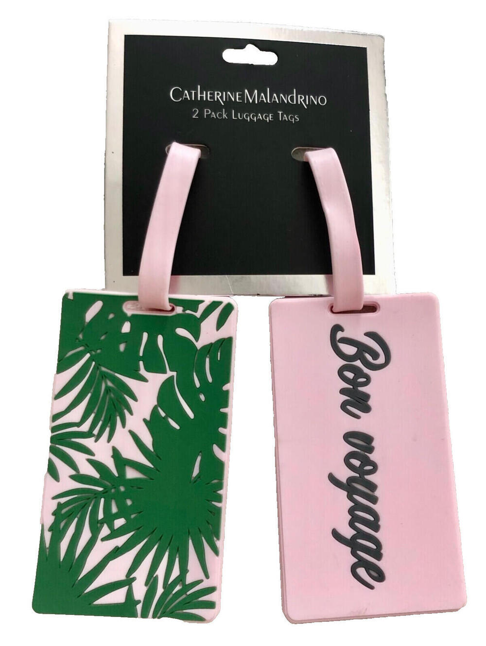 NWT Catherine Malandrino 2-Pack Luggage Tags Pink Green Palm Tree BON VOYAGE